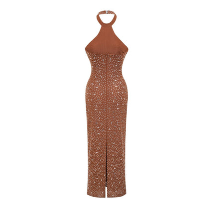 Virginia Brown Crystal Embellished Halter Neck Bodycon Maxi Dress