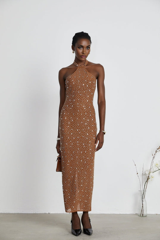 Virginia Brown Crystal Embellished Halter Neck Bodycon Maxi Dress