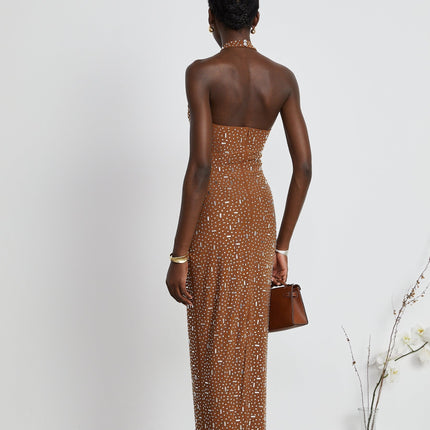 Virginia Brown Crystal Embellished Halter Neck Bodycon Maxi Dress