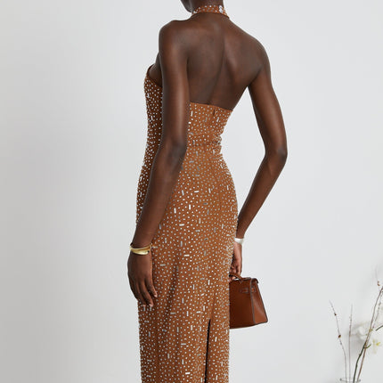 Virginia Brown Crystal Embellished Halter Neck Bodycon Maxi Dress