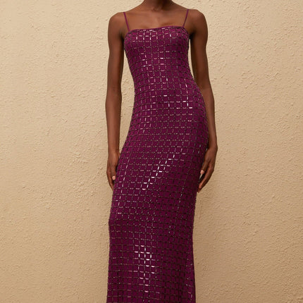 Virginia Purple Mesh Rhinestone Embellished Maxi Dress