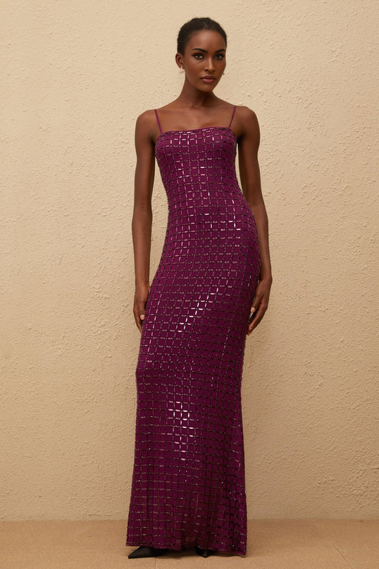 Virginia Purple Mesh Rhinestone Embellished Maxi Dress