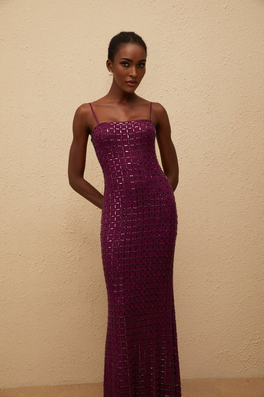 Virginia Purple Mesh Rhinestone Embellished Maxi Dress