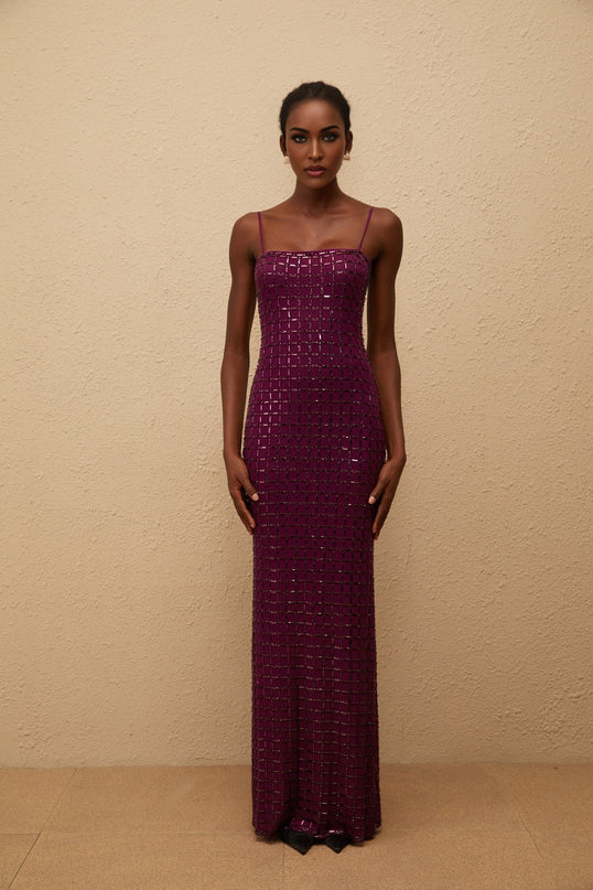 Virginia Purple Mesh Rhinestone Embellished Maxi Dress