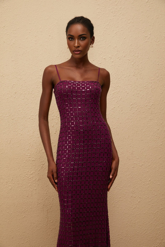 Virginia Purple Mesh Rhinestone Embellished Maxi Dress