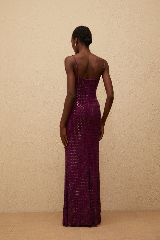 Virginia Purple Mesh Rhinestone Embellished Maxi Dress