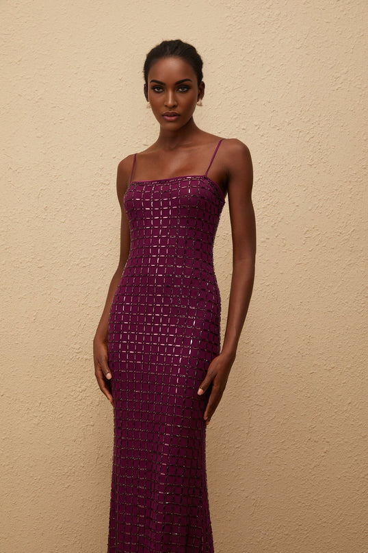 Virginia Purple Mesh Rhinestone Embellished Maxi Dress