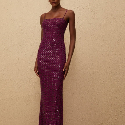 Virginia Purple Mesh Rhinestone Embellished Maxi Dress