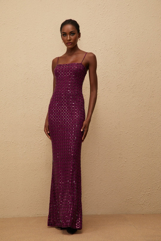 Virginia Purple Mesh Rhinestone Embellished Maxi Dress