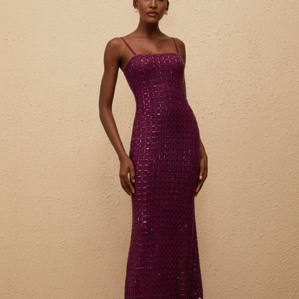 Virginia Purple Mesh Rhinestone Maxi Dress