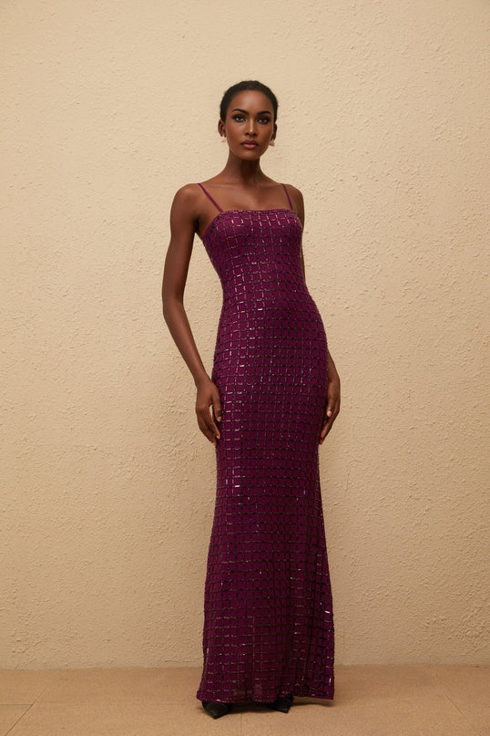Virginia Purple Mesh Rhinestone Maxi Dress