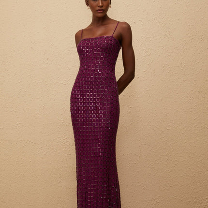 Virginia Purple Mesh Rhinestone Maxi Dress
