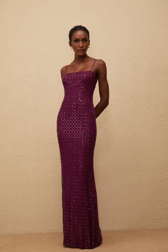Virginia Purple Mesh Rhinestone Maxi Dress