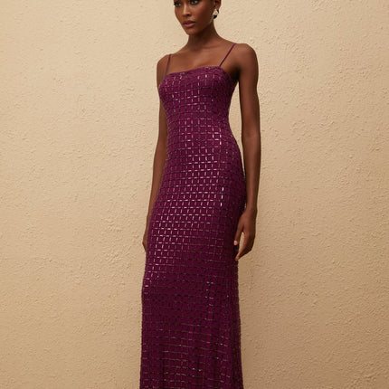 Virginia Purple Mesh Rhinestone Maxi Dress
