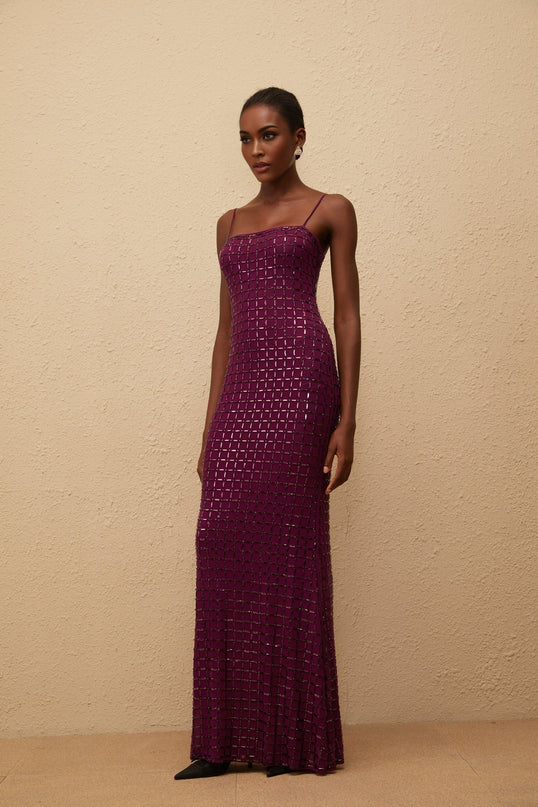 Virginia Purple Mesh Rhinestone Maxi Dress