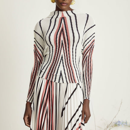 Virginia White Skirt and Top Set in 95% Terylene and 5% Spandex with Line Printed Pleat Detailing