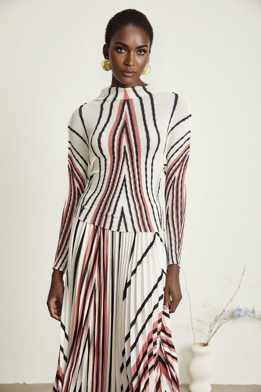 Virginia White Skirt and Top Set in 95% Terylene and 5% Spandex with Line Printed Pleat Detailing