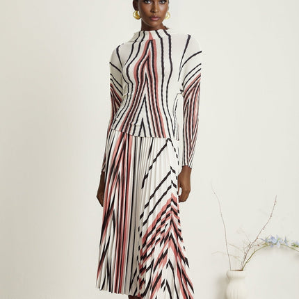 Virginia White Skirt and Top Set in Terylene and Spandex Blend with Line Printed Pleat Detailing