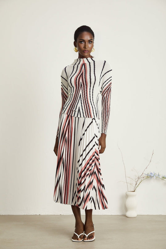 Virginia White Skirt and Top Set in Terylene and Spandex Blend with Line Printed Pleat Detailing