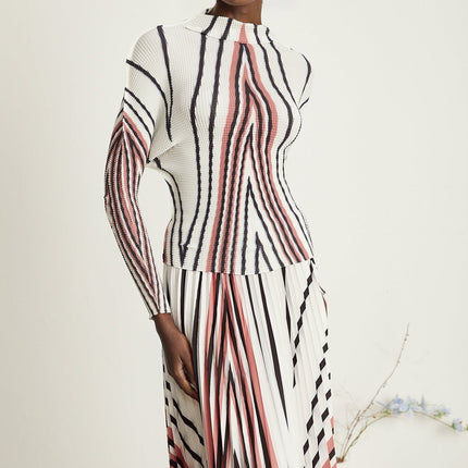 Virginia White Skirt Top Set Elegance Sophistication Modern Fashionista High Neck Long Sleeves Line Printed Pleat Detailing Midi Length