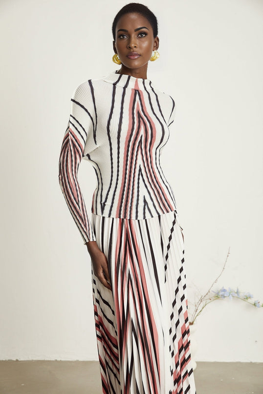 Virginia White Skirt Top Set Elegance Sophistication Modern Fashionista High Neck Long Sleeves Line Printed Pleat Detailing Midi Length