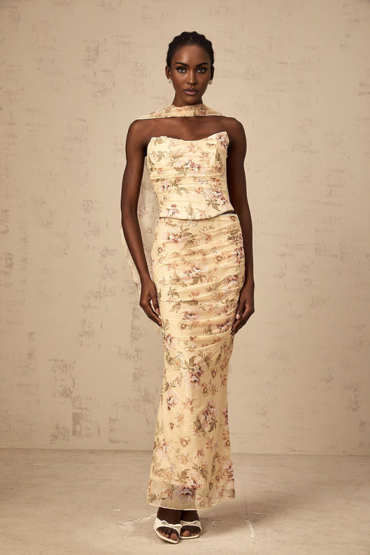 Virginia Yellow Floral Print Skirt Top Set