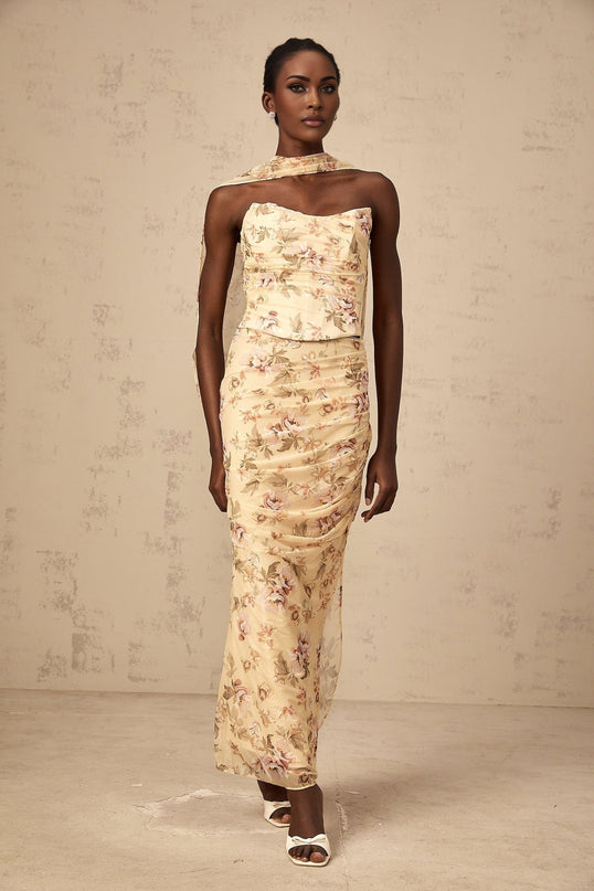 Virginia Yellow Floral Print Skirt Top Set