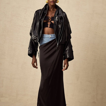 Virginie Black Cropped Faux Leather Jacket with Quilted Surface and Puffball Hem