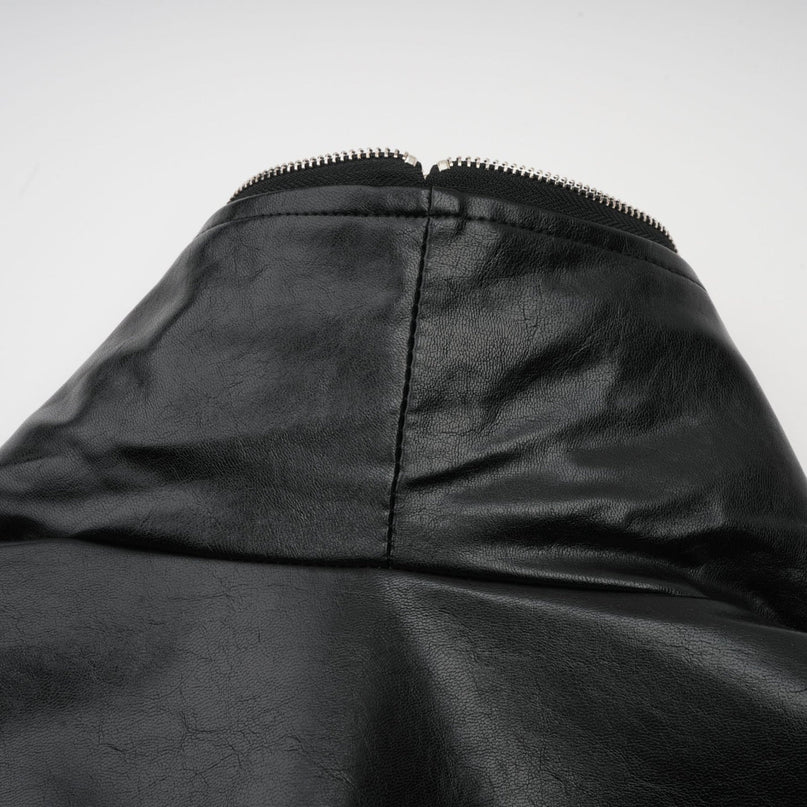 Virginie Black Cropped Faux Leather Jacket with Quilted Surface and Puffball Hem