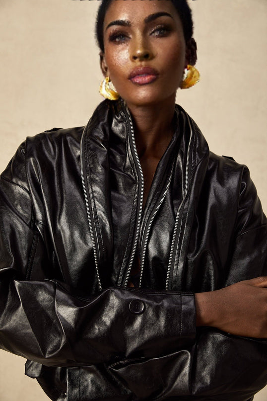 Virginie Black Cropped Faux Leather Jacket with Quilted Surface and Puffball Hem