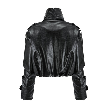 Virginie Black Cropped Faux Leather Jacket with Quilted Texture and Puffball Hem