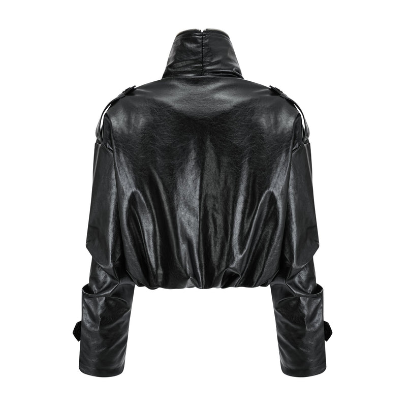 Virginie Black Cropped Faux Leather Jacket with Quilted Texture and Puffball Hem