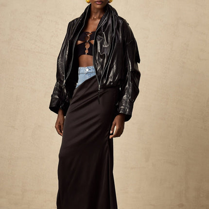 Virginie Black Cropped Faux Leather Jacket with Quilted Surface and Puffball Hem