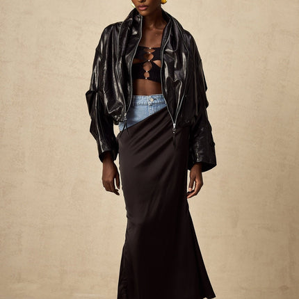 Virginie Black Cropped Faux Leather Jacket with Quilted Surface and Puffball Hem