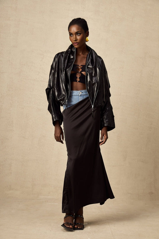 Virginie Black Cropped Faux Leather Jacket with Quilted Surface and Puffball Hem