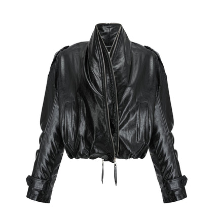 Virginie Black Faux Leather Jacket with Quilted Surface and Puffball Hem