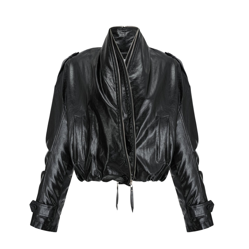 Virginie Black Faux Leather Jacket with Quilted Surface and Puffball Hem