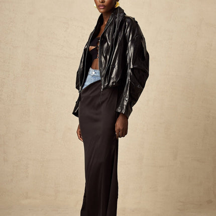 Virginie Black Faux Leather Jacket with Quilted Texture and Puffball Hem
