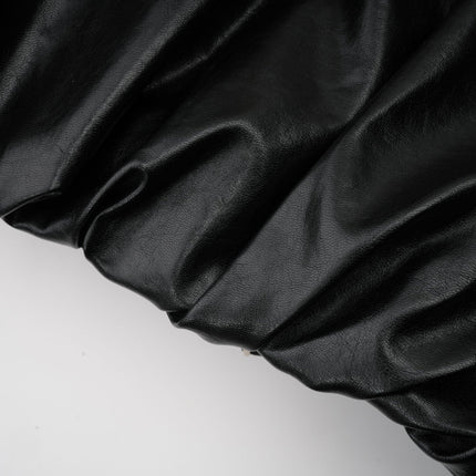 Virginie Black Faux Leather Jacket with Quilted Surface and Puffball Hem