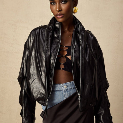 Virginie Black Faux Leather Jacket with Quilted Surface and Puffball Hem
