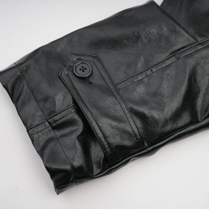 Virginie Black Faux Leather Jacket with Quilted Surface and Puffball Hem