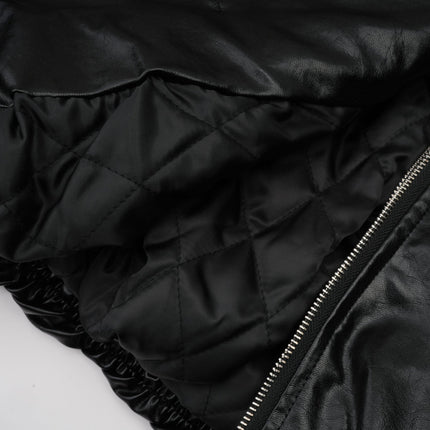Virginie Black Faux Leather Jacket with Quilted Texture and Puffball Hem