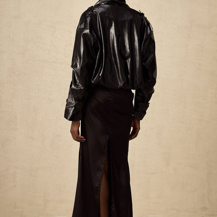 Virginie Cropped Faux Leather Jacket in Black with Quilted Surface and Puffball Hem