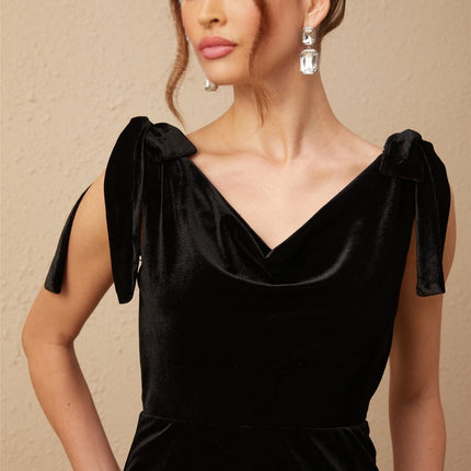 Vittoria Black Velvet Maxi Dress with Cowl Neck and Open Back Bow Detail adorned with Faux-Pearls