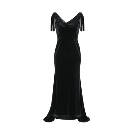 Vittoria Black Velvet Maxi Dress with Open Back Bow and Faux-Pearl Detail