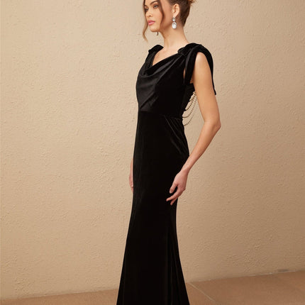 Vittoria Black Velvet Maxi Dress with Faux-Pearl Bow Detail