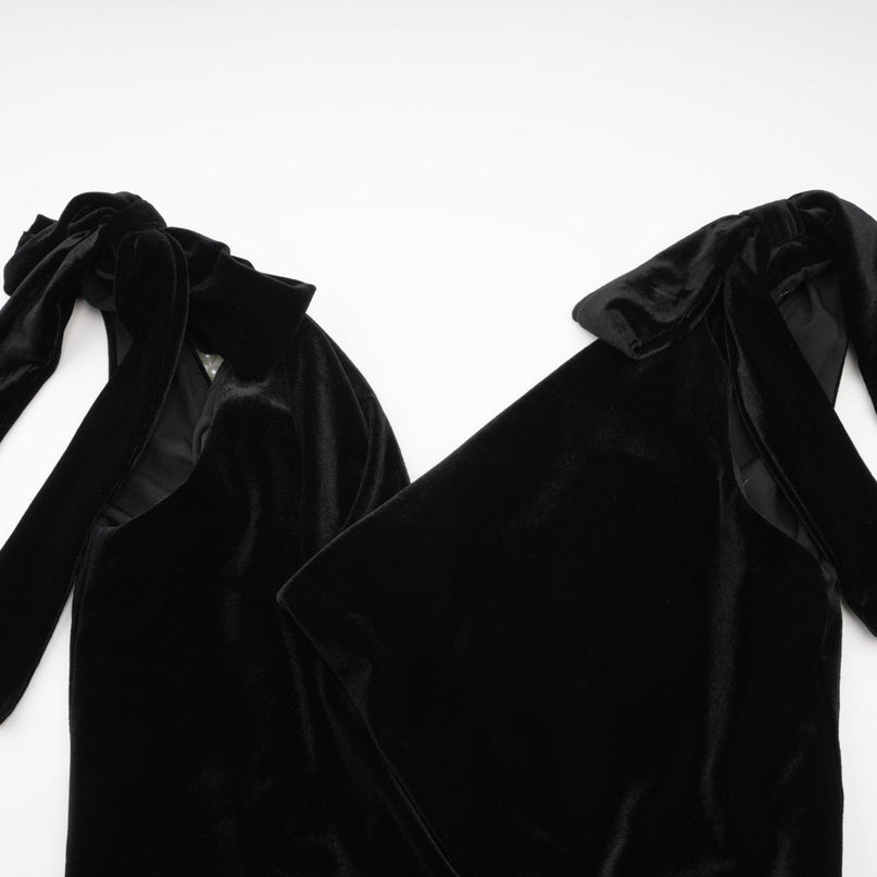 Vittoria Black Velvet Maxi Dress with Faux-Pearl Bow Detail