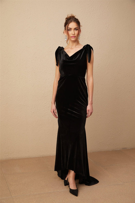 Vittoria Black Velvet Maxi Dress with Cowl Neck and Open Back Bow detail adorned with Faux-Pearls Train Design and Rear Zip Fastening