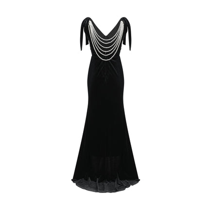 Vittoria Black Velvet Maxi Dress with Cowl Neck and Open Back Bow Detail adorned with Faux-Pearls and Train Design