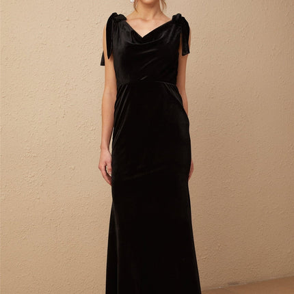 Vittoria Black Velvet Maxi Dress with Open Back Bow Detail and Faux-Pearl Adornments